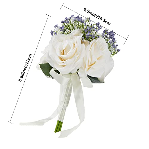 6.5 Inch Ivory Bridesmaid Bouquet, Set of 6, Purple Wedding Bouquets for Bridesmaids, Small White Bridesmaids Bouquets - color: 6pcs White&purple Bouquets