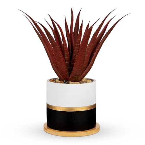 Briful Artificial Red Succulent Plant in Pot with Bamboo Tray, Small Agave Fake Plant for Desk Decor, Modern Aloe Faux Plant for Office, Shelf, Table, Bedroom, Indoor Home Decoration - color: Red Aloe#009