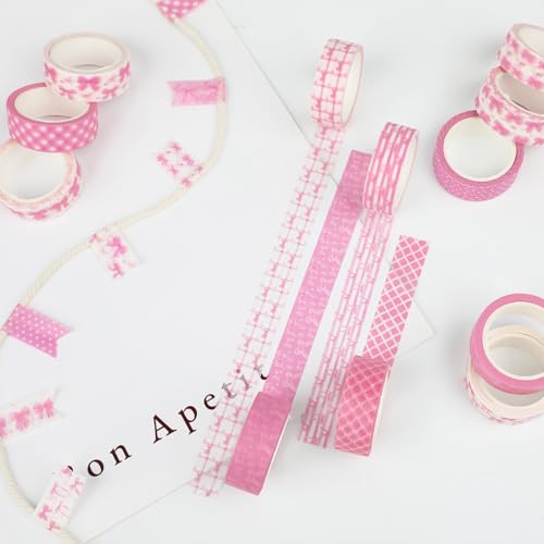 12 Rolls Pink Bow Washi Tape, Bowknot Plaid Adhesive Masking Tapes Decorative Pink Coquette Paper Tape for Scrapbook Journal Planners DIY Art Crafts Gift Wrapping 16.4FT - color: R