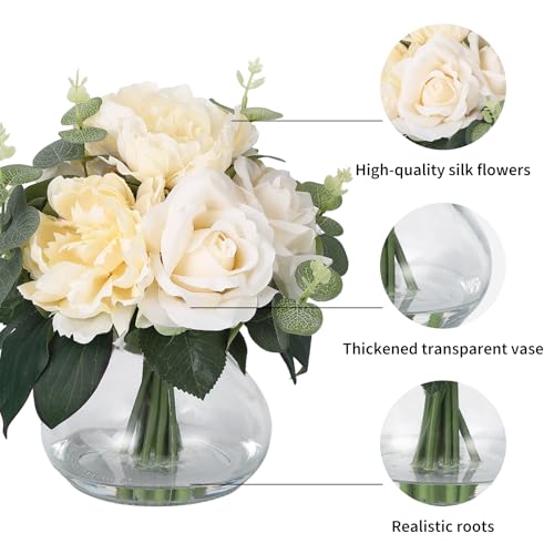 Lifelike Artificial Flower Arrangements with 4 Roses + 4 Peonies in Glass Vase with Faux Water for Wedding & Home Table Centerpieces - color: Peony & Rose With Faux Water, size: Champagne