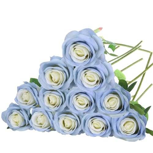 Felice Arts 12 Pack Ice Blue Spring Flowers Artificial Roses with Stems Silk Roses Fake Flowers Bouquet for Wedding Table Vase Home Kitchen Party DIY Decor - color: Ice Blue