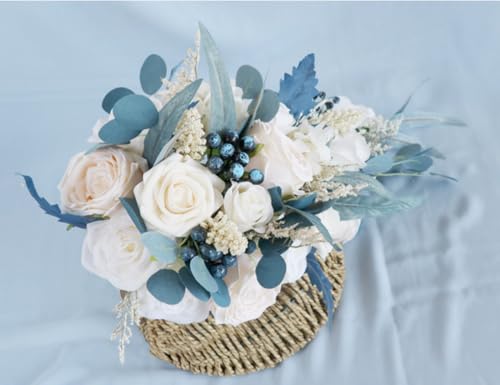 10.2 Inch Cascading Bridal Bouquet Waterfall Cascade Bridal Wedding Bouquet for Bride Rustic with Artificial Champagne Rose Flower and Peacock Blue Leaves - color: Champagne Rose & Peacock Blue Leaves