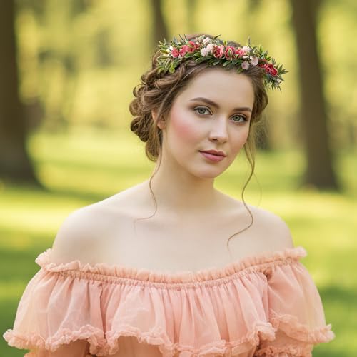 Fairy Pink Flower Crown, Artificial Boho Rose Floral Headpiece, Adjustable Forest Woodland Flower Headbands for Women Girls Maternity Wedding Renaissance Festival Party Hair Accessory - color: Pink
