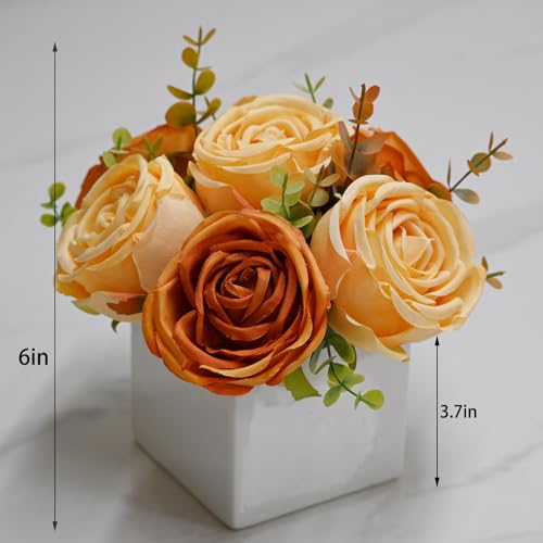 Fall Artificial Orange Silk Fake Rose with Ceramic Vase Autumn Table Decor | White Ceramic Vase Floral Arrangement, Autumn Decor for Office Kitchen Shelf Bathroom Shelf FarmhouseThanksgiving Halloween - color: Orange