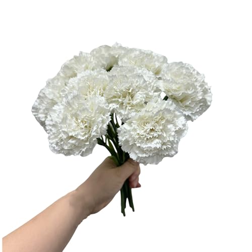 10 Stem Artificial Flowers Carnations Bouquets,11inch Real Touch Flowers with Stems,Silk Petals Fake Flowers Forever Plants for Wedding Flower Bouquet Centerpieces Bridal Shower Birthday (White) - color: White