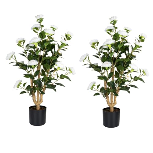 MARCH WIND 3FT White Artificial Camellia Plants 2 Pack with Pots, Faux Flowering Tree for Indoor Outdoor Home Decor, Tall Fake Potted Plant for Living Room, Office, Balcony - size: White Camellia - 3FT