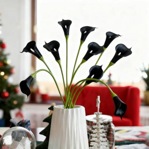 Black Calla Lily Artificial Flowers 22PCS 25" Real Touch Long Stem Faux Calla Lillies for DIY Wedding Bouquet Party Home Decor (Black) - color: Black