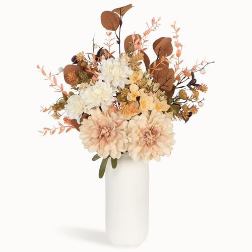 Artificial Fall Flowers Bouquet in Ceramic Vase, Faux Brown Flower Centerpieces for Coffee Table Decorations, Fake Silk Floral Arrangements for Thanksgiving Living Dining Room Bedroom Decor - color: Brown + Big