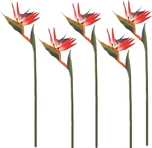 Calcifer 32'' Real Touch Bird of Paradise Artificial Flowers Bouquet for Home Garden Decoration/Wedding Party Decor (Package Quantity: 5 Stems Red) - color: Package Quantity: 5 Stems Red