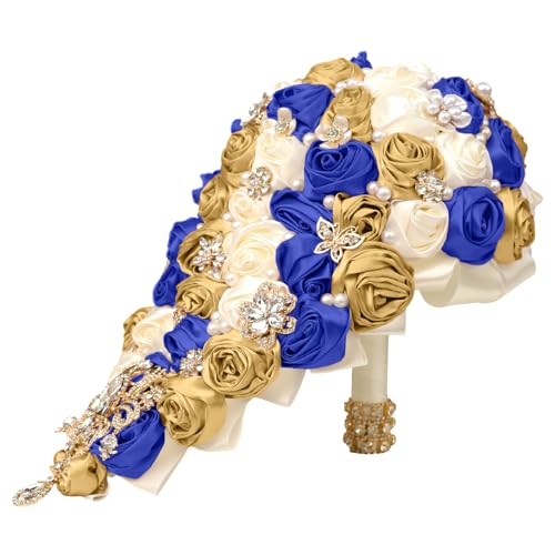 Handmade Satin Rose Water Drop Bridal Bouquet,8.7inch Crystal Wedding Round Tossing Bouquet,Jewelry Proposal Bridesmaid Bouquet Groom Corsage Bride Wrist Flower ivory (07#Ivory Sapphire Gold) - color: 07#ivory Sapphire Gold