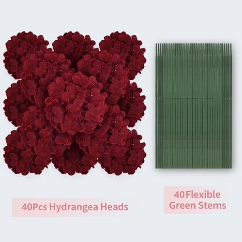 40 PCS Burgundy Silk Hydrangea Flowers, Detachable Heads + 8-Inch Wired Stems, Full 6 Inch Faux Hydrangea Heads for Fall Wedding, Christmas, Centerpieces & Pollen-Free Decor - color: Burgundy(no Accessories)