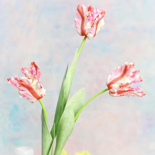 3Pcs 3D Parrot Tulips Artificial Flowers Faux Tulips Real Touch Long Stem Fake Tulips Bouquet for Home Office Wedding Table Decor 27.56" Tall-Pink - color: Pink