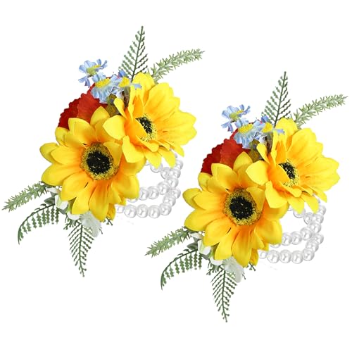Rinlong 2Pcs Sunflower Wrist Corsage for Wedding, Prom, Homecoming | Bridesmaid, Mother of the Bride Corsage - color: 14-sunflowers