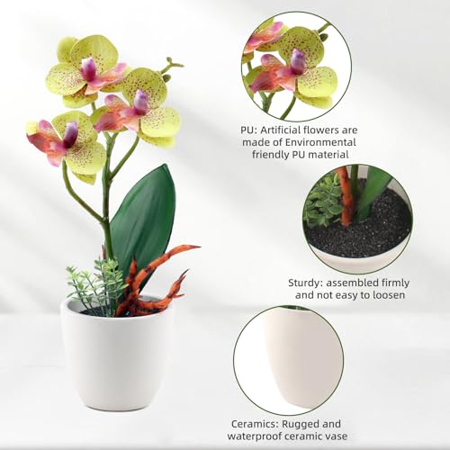 2Pcs Artificial Flowers Orchid Fake Phalaenopsis Small Potted Plant Ceramic Vase for Table Centerpiece Home Office Bathroom Wedding Decor(Pink & Yellow) - color: Pink & Yellow
