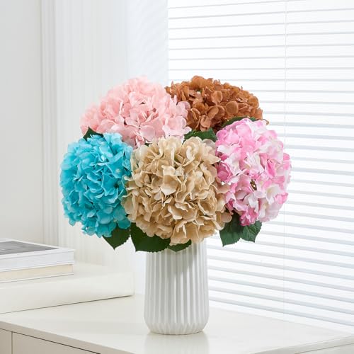 8pcs Fake Flowers Silk Hydrangea Artificial Flowers Bouquets Faux Hydrangea Stems for Home Table Centerpieces Wedding Party Decoration - color: Beige