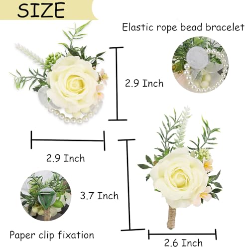 White Corsages and Pocket Boutonniere Set 2pcs Groom Boutonniere for Wedding，Prom Corsage Wristlet Bracelets，White Corsages for Men Prom Decor - color: White Pink Corsage - Single Chain