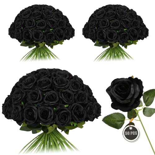50PCS Artificial Silk Roses in Bulk & Bouquet Long Stem – Realistic Fake Roses for Wedding Centerpieces, Home Decor, Floral Arrangements, Party Decoration (Black) - color: Black, size: 50 Pcs