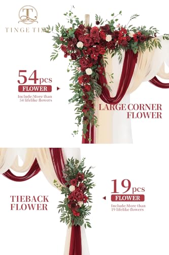 TINGE TIME Wedding Arch Flowers Kit - Deluxe 5pcs Artificial Floral Swag with 3 Sheer Drapes, Realistic Silk Flower Arrangements for Wedding Ceremony Arbor Backdrop Reception Party Home Decor - color: Burgundy Red