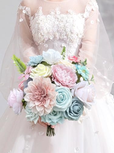 Pink Blue Flowers Combo Box, Light Blue Rose Silk Fake Flowers for DIY Floral Arrangements Wedding Bouquets Centerpiece Baby Shower Party Decoration (Blue Pink) - color: Blue Pink