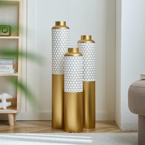 Floor Vases, Tall Home Decor Metal Vase Set of 3 Large Glazed Decorative Vases for Wedding Decor, Elegant Modern Flower Holder for Living Room, Entryway, Hallway - color: Honeycomb White Gold