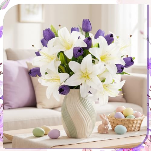 Giegxin 18 Pcs Artificial White Lilies with Purple Tulips, Latex Fake Tiger Lily Bouquet for Spring Home Church Wedding Decorations, Faux Tulips Floral Arrangement - color: White, Purple, style: Lily, Tulips