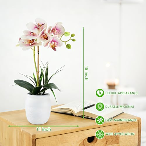 Orchid Artificial Flowers 18" Pink Fake Orchid Flowers in White Ceramic Pot Faux Orchid Plant for Home Decor Office Bathroom Table Centerpiece Indoor(Light Pink) - color: Light Pink-white