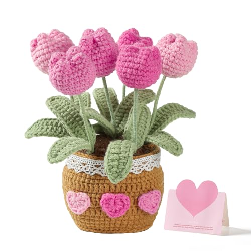 Teacher Appreciation Gifts Crochet Flowers Tulips Thank You Gift for Women Retirement Graduation Gifts Home Desk Decor (Pink)