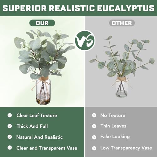 15.74” Artificial Eucalyptus Stems in Glass Vase with Faux Water & Natural Stones, Lifelike Fake Greenery for Modern Farmhouse Home Decor, Bathroom Decor, Office Desk Centerpiece - color: Sl-0975