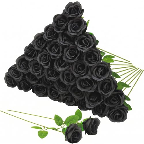 36 Pcs Black Rose Bouquet Bridal Artificial Flowers,Fake Rose Long Stem Realistic Artificial Flowers Bulk for Wedding Bouquet Ball Arrangement Centerpiece Party Decor - color: Black