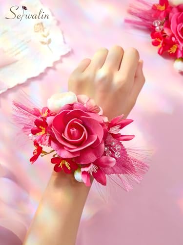Serwalin 2 Pcs Wrist Corsage, 6-7 Inch Hot Pink Corsage for Wedding, Bridesmaid Mother Grandmother, Artificial Flowers for Prom Ceremony Anniversary - color: Hot Pink, size: Corsage-2pcs