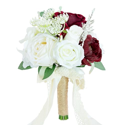 Wedding Bouquets for Bride Bridesmaid, Artificial Burgundy Champagne Bride Flower Bouquet for Wedding Church Decoration Ceremony, Anniversary, etc, Roses Flowers - color: Burgundy & Champagne