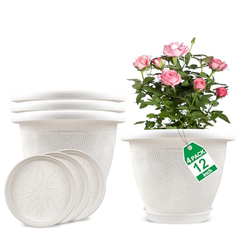 Plastic Flower Pots Planters For Indoor Plants, 4 Pack 12 Inch White Plant Pots With Drainage Hole & Tray, Modern Decorative Large Plant Pot With Saucer For Indoor Outdoor Plants Garden House Planter - color: White, size: 12 inch-4 pack