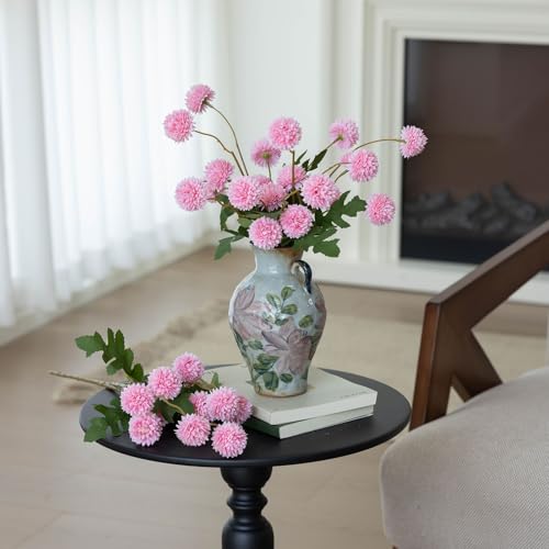 mizii 6Pcs Pink Fake Silk Pompon Mum Artificial Flowers Bulk Small Faux Chrysanthemums with Stems Realistic Floral Decorations for Wedding DIY Bouquet Centerpieces Shower Vase Home Decor (Pink) - color: Pink