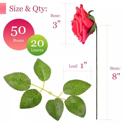 Artificial Fuchsia Foam Roses with Stems & Leaves - Pack of 50, Perfect for Wedding Centerpieces, Event Decor, DIY Bouquets, and More - color: Fuchsia
