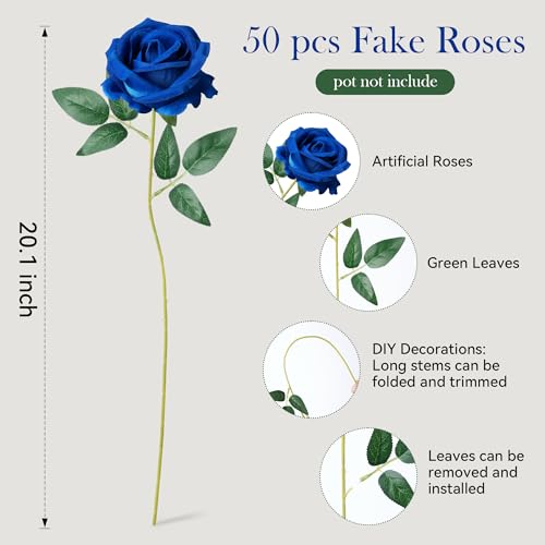 50 PCS Blue Roses Artificial Flowers, Real Looking Fake Roses with Long Stems Silk Flowers for DIY Wedding Bouquet Party Celebration Home Bridal Shower Decoration Valentine's Day Gift for Her Wife - color: Blue