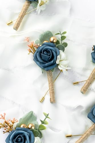 Boutonniere for Men Wedding, Groom Groomsman Artificial Rose Flowers for Wedding Anniversary Celebration,Prom,Party,Home Decoration Set of 2 (Navy Blue) - color: Navy Blue