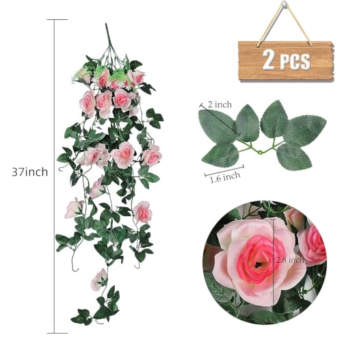 RECUTMS 2PCS Artificial Hanging Rose Flower Plants, 37Inch Light Pink Fake Silk Floral Ivy Garlands for Outdoors Home Room Garden Wedding Arch Bridal Shower Valentine's Mother's Day Indoor Party Decor - color: Light Pink, size: 2 pcs