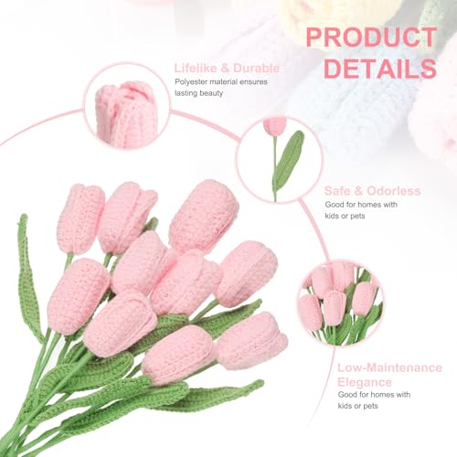 MECCANIXITY Tulip Crochet Flowers, Artificial Knitted Tulip Flower Completed Handmade Tulips Bouquet for Gift Home Birthday Wedding Decoration, Pink Pack of 10 - color: Pink