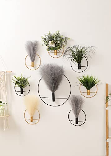 Pretty Jolly Boho Wall Decor, Wall-Mounted Metal Art, Hanging Artificial Pampas Display, Living Room, Bedroom, Bathroom, Diningroom, Fake Faux Plant 2 Pack Black Brown - color: 01-pampas-coffee - Black Ring, size: S 7.8inch (Black Ring)