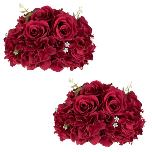 NUPTIO Flower Balls for Centerpieces Wedding: 2 Pcs 11.8 inch Diameter Artificial Flower Ball Arrangement Bouquet Centerpiece for Tables - Burgundy Fake Rose Flowers for Wedding Decor - color: Burgundy, size: 11.8" Diam - 2 PCS