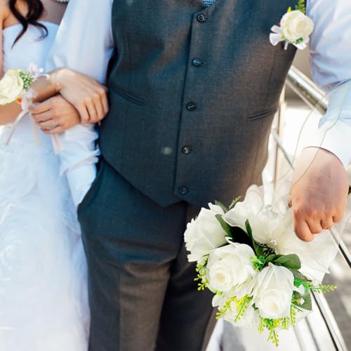 Set of 6 White Bridesmaid Bouquets Artificial Silk Flowers Wedding with 6 Boutonnieres & 6 Wrist Corsages Rose Bridal Party Decor Prom Anniversary