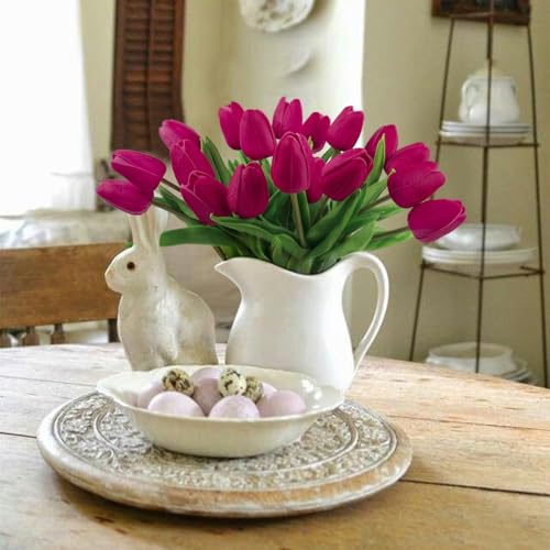 Beferr 18pcs Tulips Artificial Flowers Faux Tulip Real Touch Fake Flowers Bouquets Arrangements for Mothers Day Easter Spring Flowers Gifts Home Table Decor Rose Red - color: P-18pcs-1colors-rose Red, size: 18PCS