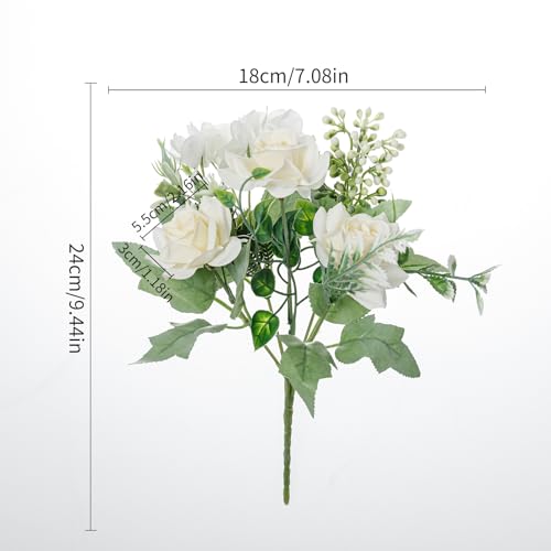 Artificial Flower 4 Packs 5 Branches Silk Fake Flowers Bouquet Small Roses for Wedding Home Office Tables Decor (White) - color: White-1