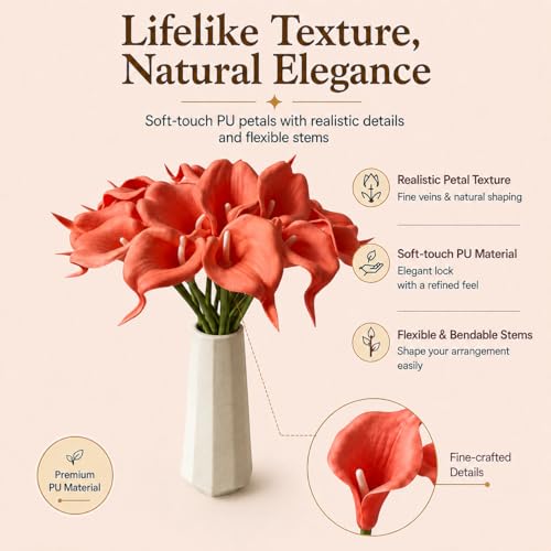 Mandy's 20pcs Coral Calla Lily Artificial Flowers | 13.5 Inch PU Realistic Bouquet for Vase Elegant Home Decor Centerpiece Wedding Bridal Bouquet Table Decoration - color: Coral-1