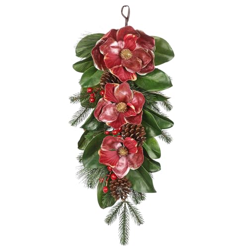 Briful 28.7 Inch Christmas Magnolia Flower Teardrop Swag – Red Magnolia Door Swag with Pine Cones Berries Artificial Christmas Hanging Teardrop for Xmas Home Holiday Front Door Outdoor Porch Decor - color: Teardrop Swag