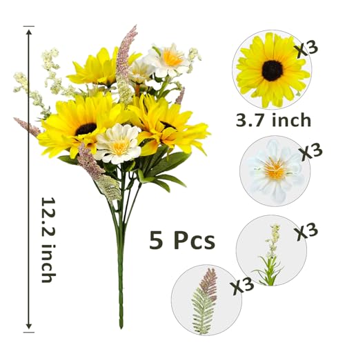 5 Bunches Artificial Sunflowers Bouquets, Fake Silk Sunflower with Faux Daisy Wildflowers Plants for Home Decor Indoor Floral Arrangements Table Centerpiece Bridal Wedding Decor (Yellow) - color: Yellow