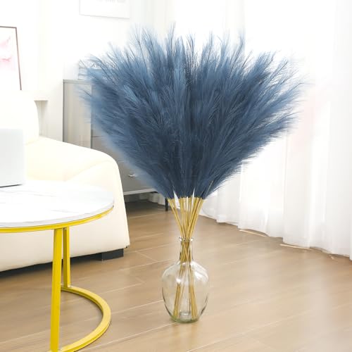 43" Faux Pampas Grass Decor - 8 PCS Tall Fluffy Pampas Grass Flower Arrangement and Vase Filler for Boho Home Wedding Mothers Day Decoration (Navy Blue) - color: Navy Blue