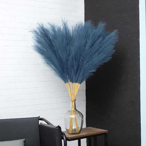 43" Faux Pampas Grass Decor - 8 PCS Tall Fluffy Pampas Grass Flower Arrangement and Vase Filler for Boho Home Wedding Mothers Day Decoration (Navy Blue) - color: Navy Blue