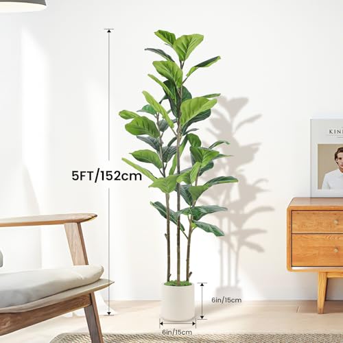 Alupssuc 5FT Artificial Fiddle Leaf Fig Tree with White Planter Pot, 5 feet Tall Fake Tree for Home Decor, Faux Ficus Tree Fake Moss for Indoor Outdoor Office Living Room - size: 5ft