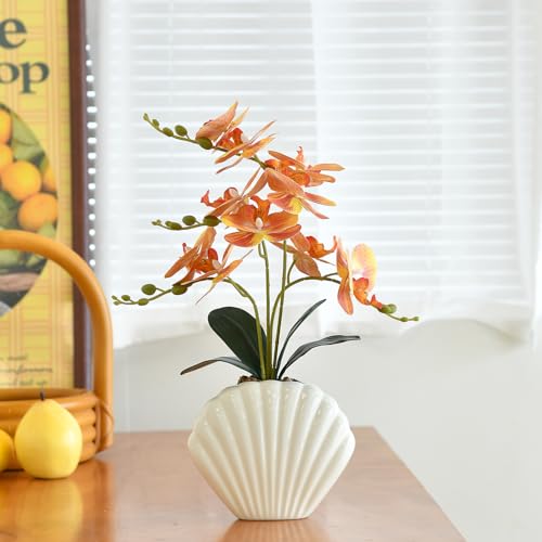 Artificial Phalaenopsis Orchid Plant in Seashell Pot, 16" Fake Orchid Flowers, Silk Faux Orchids for Home Decor, Office, Table Centerpiece, Real Touch Lifelike Indoor House Plant (Orange) - color: Orange